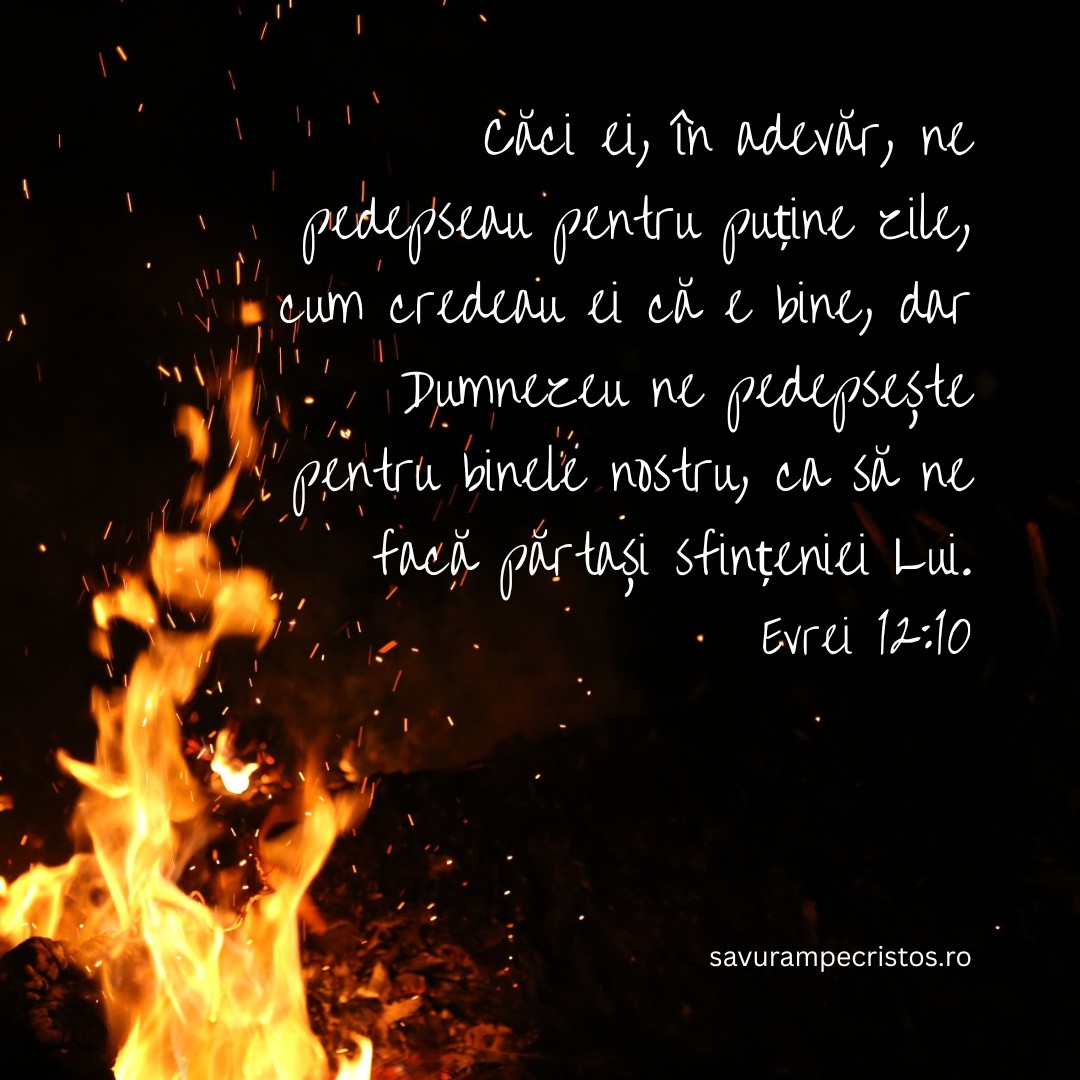 Căci ei, în adevăr, ne pedepseau pentru puține zile, cum credeau ei că e bine, dar Dumnezeu ne pedepsește pentru binele nostru, ca să ne facă părtași sfințeniei Lui. Evrei 12:10
