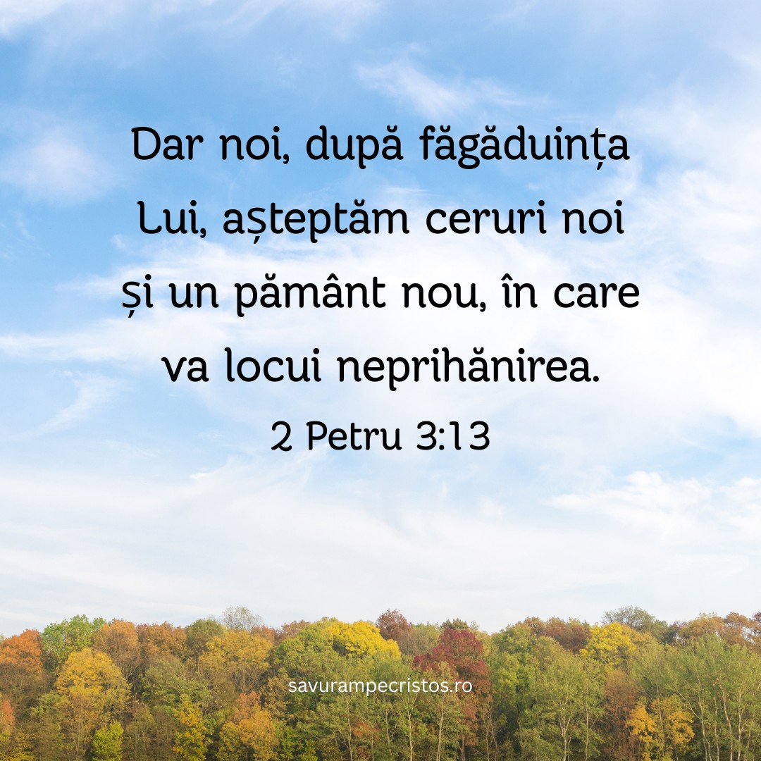 Dar noi, după făgăduința Lui, așteptăm ceruri noi și un pământ nou, în care va locui neprihănirea. 2 Petru 3:13