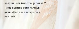 Și i s-a dat să se îmbrace cu in subțire, strălucitor și curat.” (Inul subțire sunt faptele neprihănite ale sfinților.) Apoc. 19:8