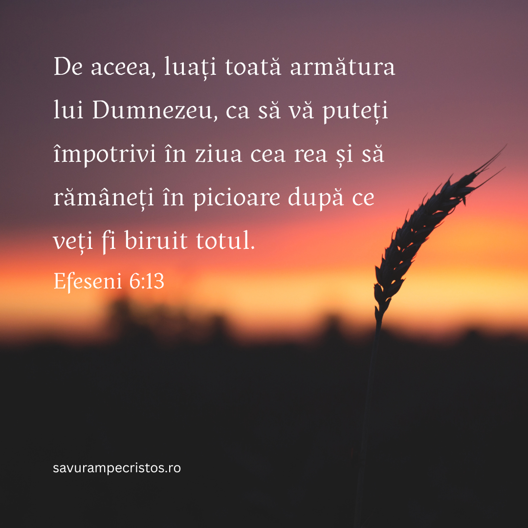 De aceea, luați toată armătura lui Dumnezeu, ca să vă puteți împotrivi în ziua cea rea și să rămâneți în picioare după ce veți fi biruit totul. Efeseni 6:13