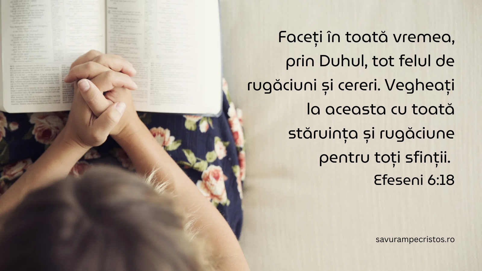 Faceți în toată vremea, prin Duhul, tot felul de rugăciuni și cereri. Vegheați la aceasta cu toată stăruința și rugăciune pentru toți sfinții. Efeseni 6:18