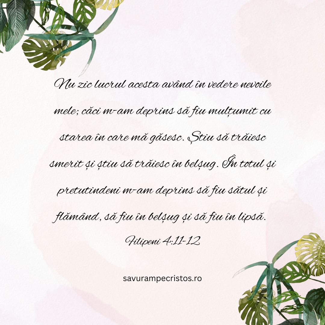 Nu zic lucrul acesta având în vedere nevoile mele; căci m-am deprins să fiu mulțumit cu starea în care mă găsesc. Știu să trăiesc smerit și știu să trăiesc în belșug. În totul și pretutindeni m-am deprins să fiu sătul și flămând, să fiu în belșug și să fiu în lipsă. Filipeni 4:11-12