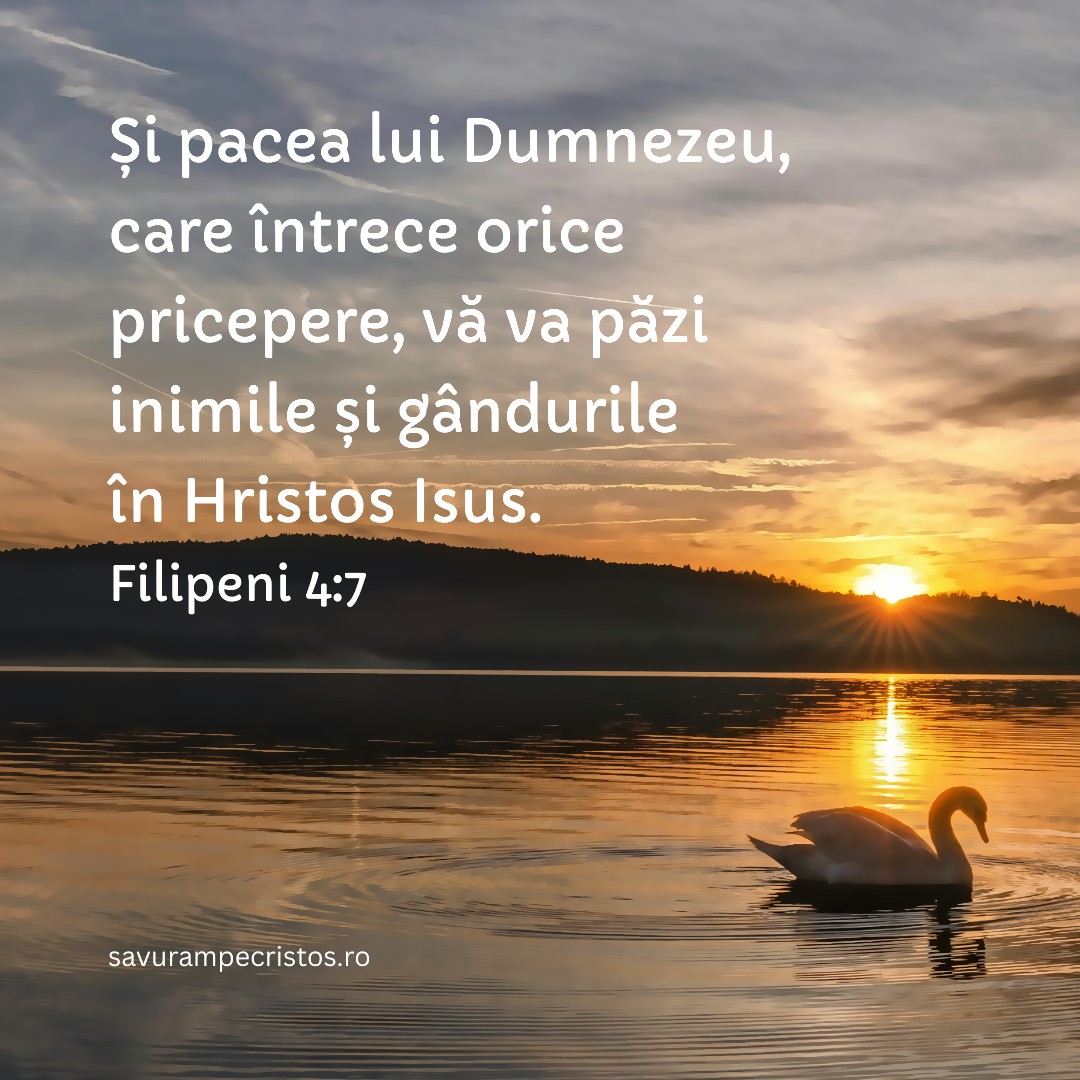 Și pacea lui Dumnezeu, care întrece orice pricepere, vă va păzi inimile și gândurile în Hristos Isus. Filipeni 4:7